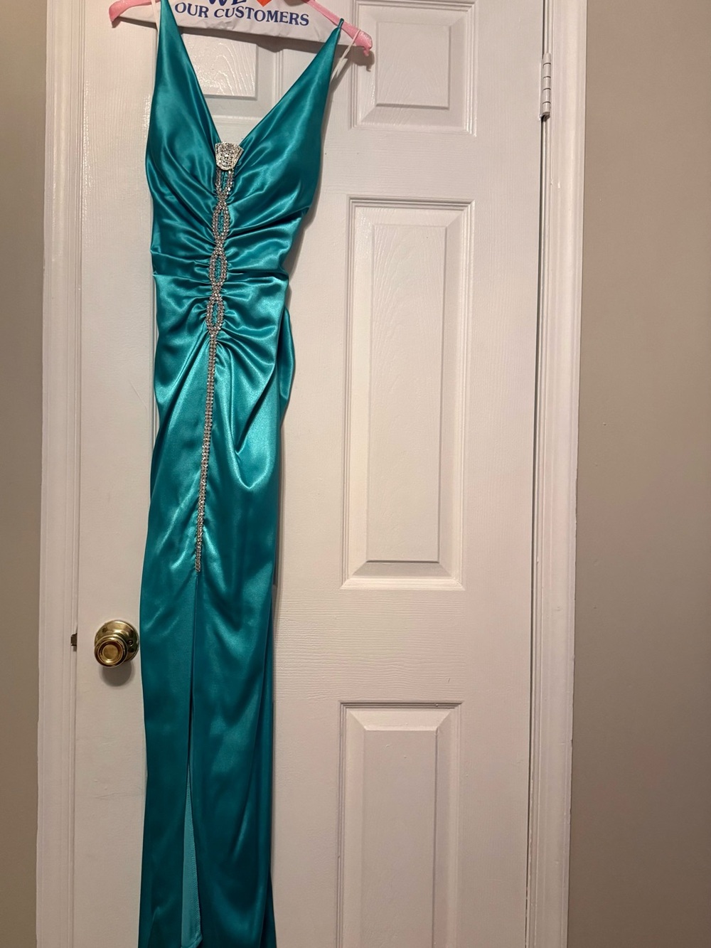 Teal Satin Evening Gown with Crystal Accent